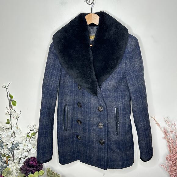 SCHOTT NYC PERFECTO BRAND Thompson Wool Plaid Coat Mouton Fur Collar Sz S - Picture 2 of 6